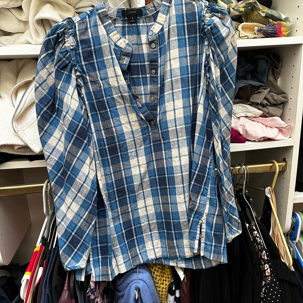 J. Crew Blue Ruffled Blouse with Mandarin Collar